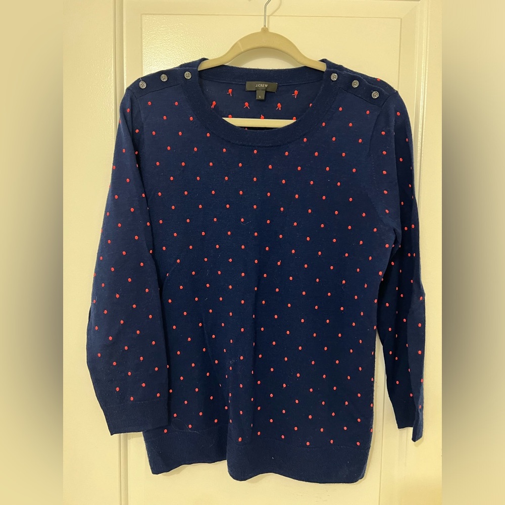 J.Crew Navy and polka dot crew sweater.